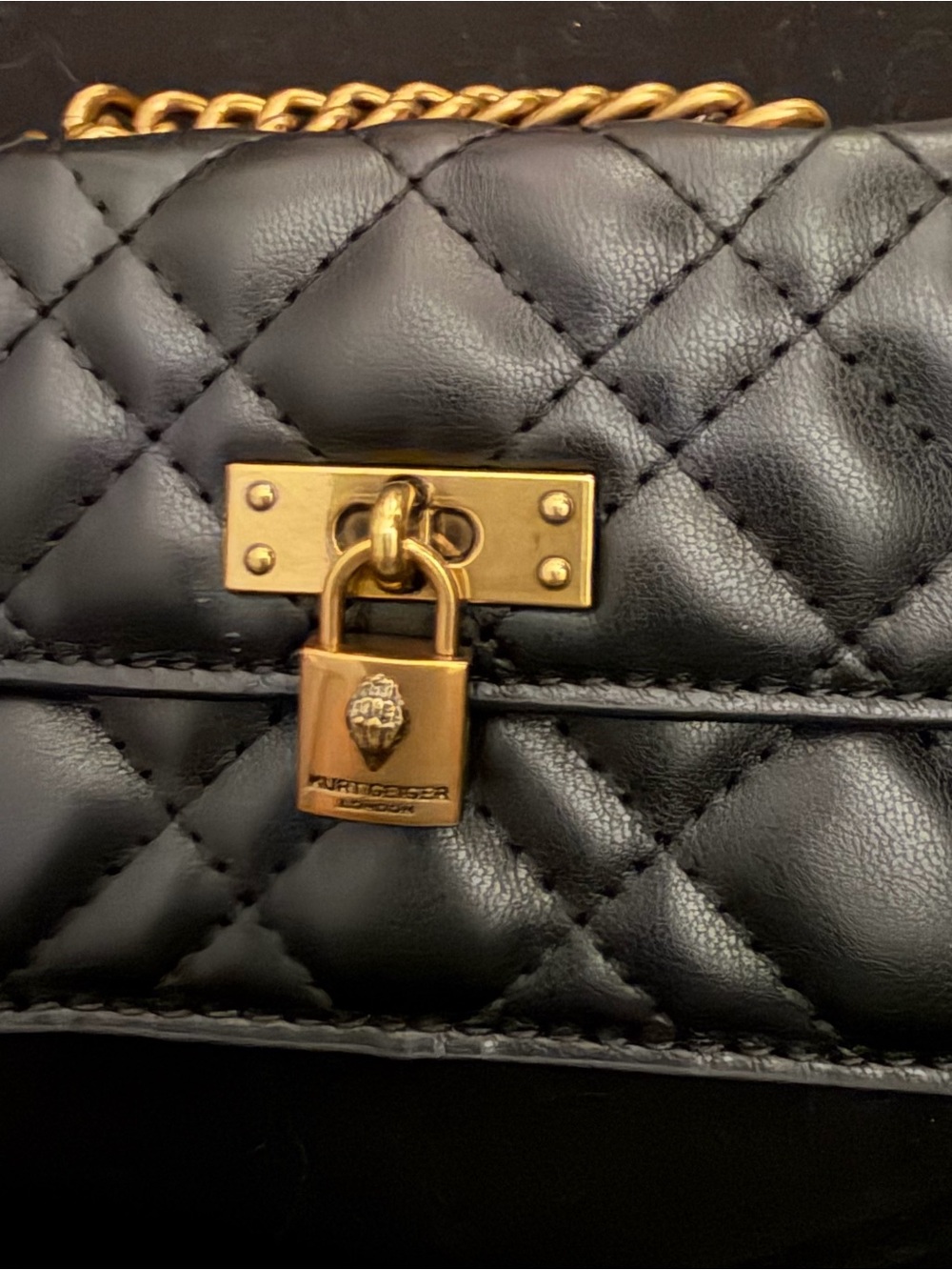 Kurt Geiger Micro Brixton Black Quilted Chain Shoulder Bag with Gold Padlock